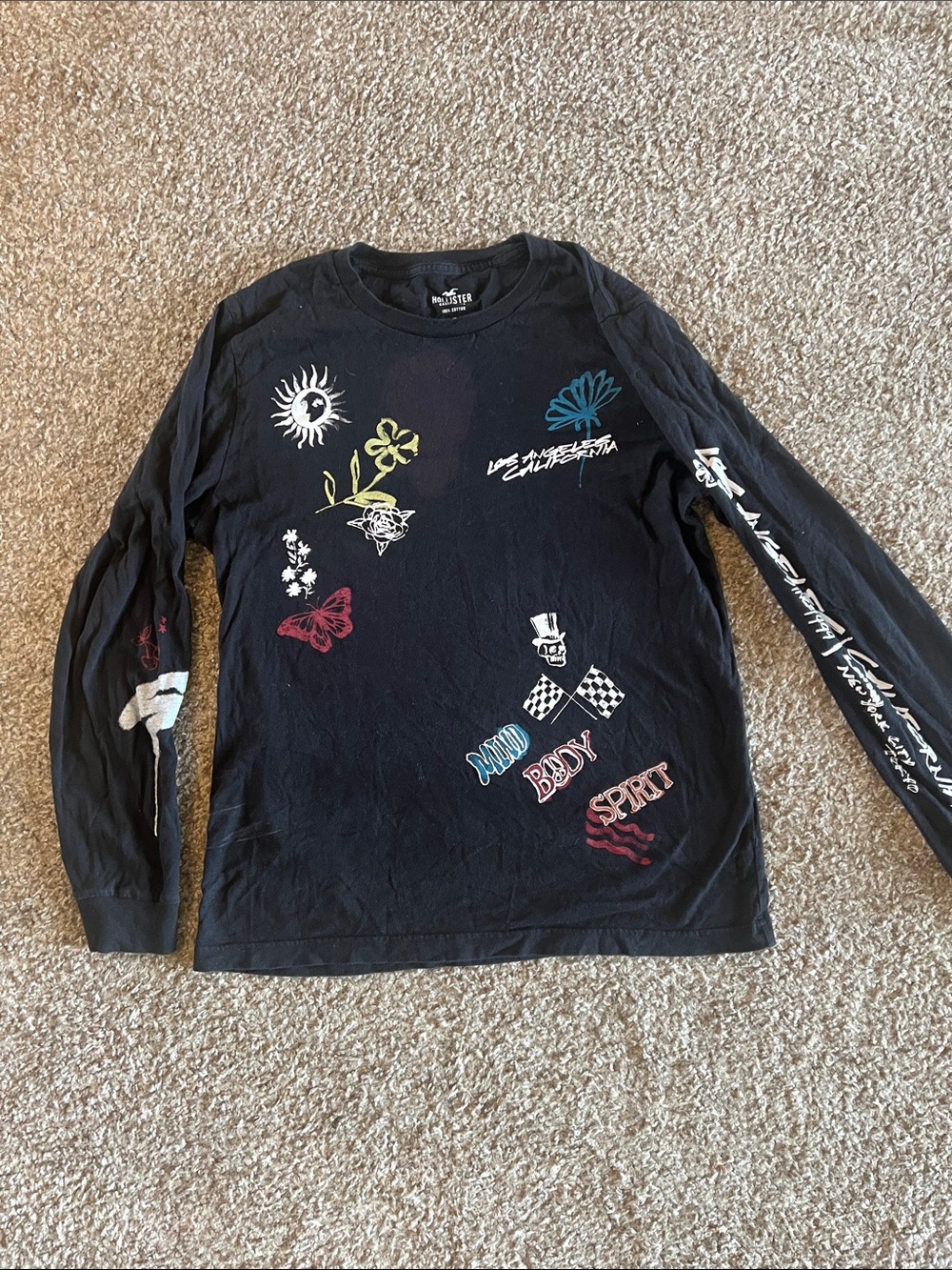 Hollister Black Long Sleeve Tee with Multicolor Graphic Motifs